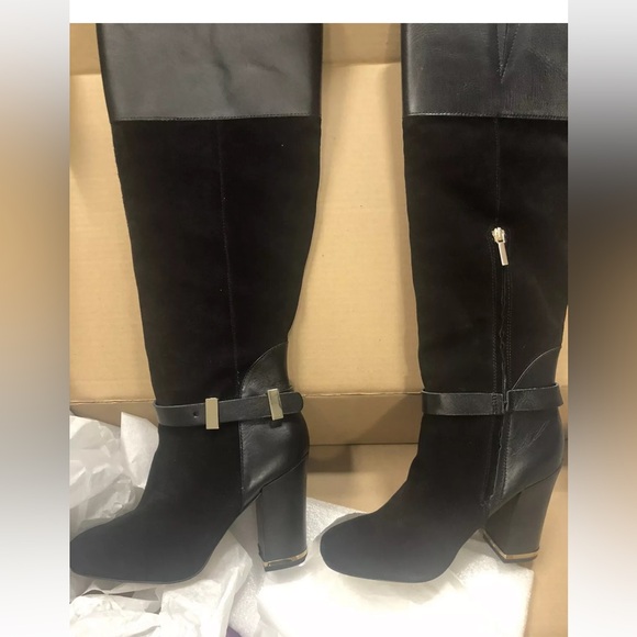 Hal Rubenstein Black Real Leather & Suede Dress Boots Gold Trim 8 NEW - Picture 2 of 6